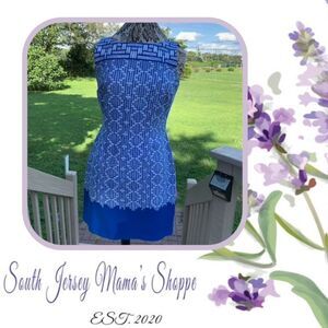 Vintage 1990s Size 10 Caps Blue & White Sleeveless Geometric Design Dress (C189)